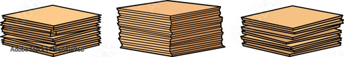 Three stacks of stacked cardboard boxes isolated on a transparent background showcasing different heights and arrangements for packaging and shipping purposes