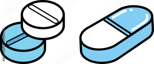 Two pharmaceutical capsules, one white and one blue, positioned closely on a transparent background, showcasing their shape and design in a simple and clear manner.