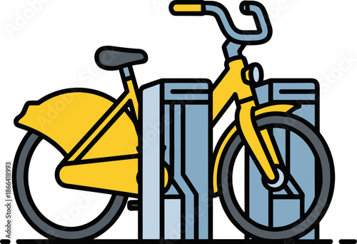 Yellow bicycle parked in a bike rack, showcasing urban cycling culture, illustrating eco-friendly transportation on a transparent background