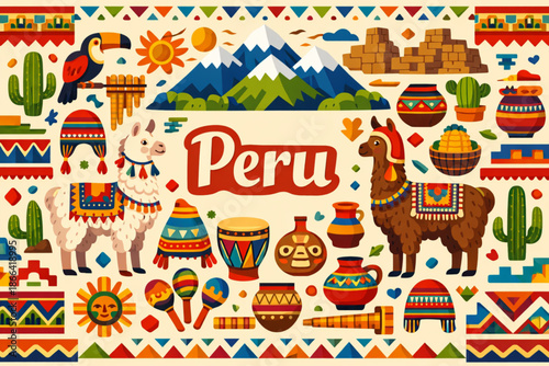 Seamless Peruvian Pattern Vector with Llamas, Mountains, and Traditional Textiles