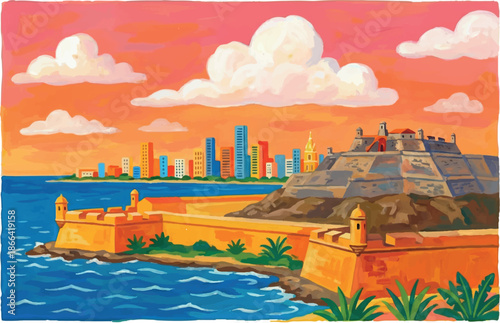 Colorful artistic illustration of Cartagena fortress walls and city skyline at sunset