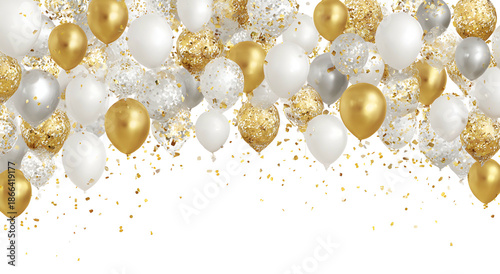 Floating balloons of gold, white and silver, with confetti, against a black background