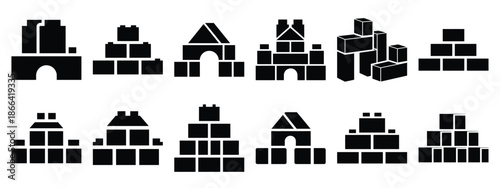Minimalist black silhouette of a building blocks vector icon set.