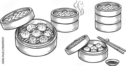 Dim sum basket vector illustration in hand drawn style