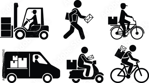 Delivery personnel transporting packages by various means