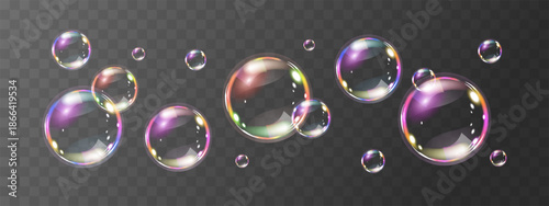 Realistic flying soap bubbles on transparent background. Glossy volume rounded aqua droplet. 3D glass liquid shape with holographic effect. 3D vector illustration.