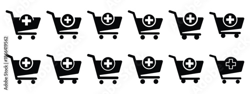 Minimalist black silhouette of a cart add vector icon set.
