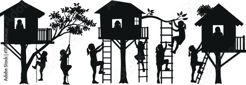 Silhouette children climbing treehouses, outdoor adventure play, black vector illustration, imaginative childhood activity, rope swing, ladder fun scene