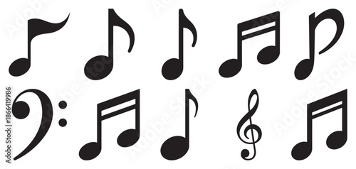 Music note symbol silhouette vector collection featuring sound rhythm and melody icons for audio design