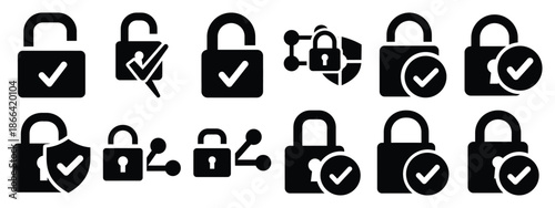 Minimalist black silhouette of a connection secure vector icon set.