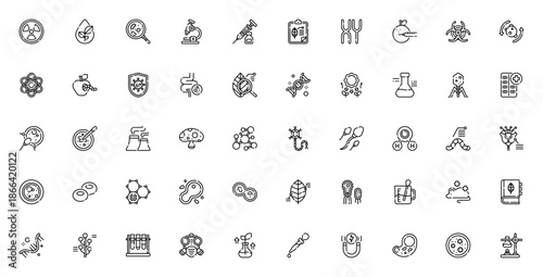 Microbiology icon set. Vector illustration. Includes symbols for DNA, virus, cell, vaccine, microscope, research, biology, molecule and more.
