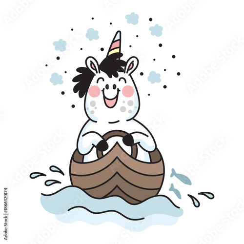 Cute unicorn swimming in a little boat colored vector illustration