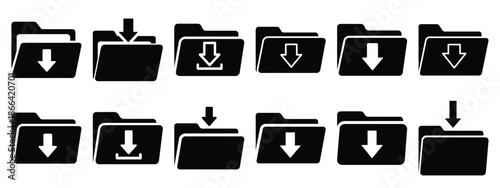 Minimalist black silhouette of a download folder vector icon set.