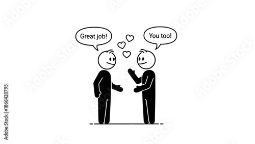 Stick Figures Giving Compliments to Each Other, Expressing Appreciation and Friendship on Isolated White Background