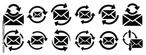 Minimalist black silhouette of a email sync vector icon set.