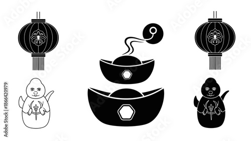 Chinese New Year Traditional Symbols Collection with Lanterns, Gold Ingots, and Prosperity Characters on Isolated White Background