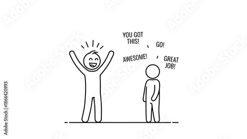 Excited Stick Figure Celebrating Success with Encouraging Compliments Like "Great Job!" on Isolated White Background