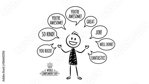 Happy stick figure receiving positive compliments for World Compliment Day on isolated white background