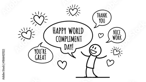 Happy World Compliment Day with cheerful stick figure giving and receiving positive messages on isolated white background