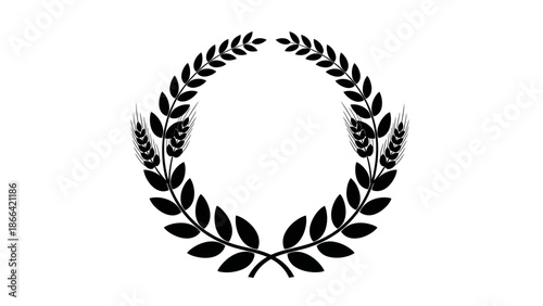 Elegant black wheat laurel wreath representing success and agricultural bounty on isolated white background