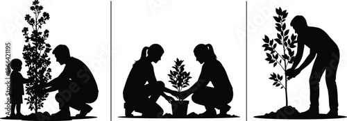 Black and white silhouette of adults and children planting trees, gardening together, environmental conservation, forest restoration, sapling growth, vector illustration,