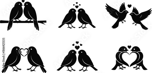 Black bird silhouettes set, romantic love birds on branches, heart shapes, flying pairs, wedding icons, anniversary graphics, minimalist nature, vector.