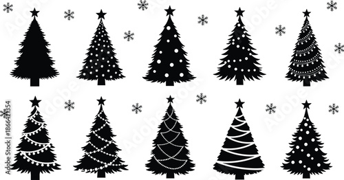 Black Christmas tree silhouettes set, decorated holiday trees with stars and ornaments, snowflake winter background, minimalist festive vector collection, white.