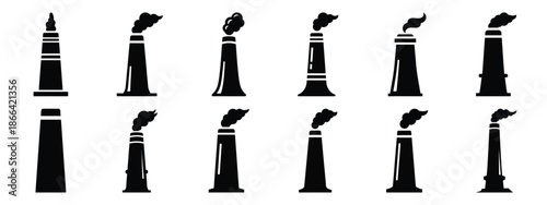 Minimalist black silhouette of a factory chimney vector icon set.