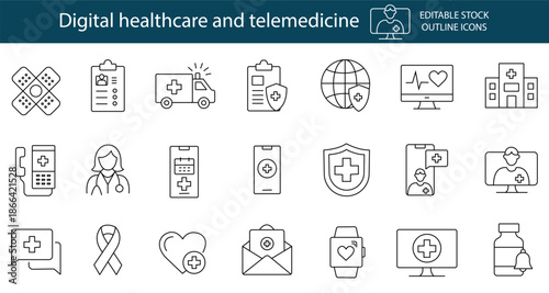 Digital healthcare and telemedicine editable stroke outline icons set, vector illustration