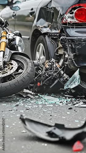 Severe Motorcycle Crash with Car Collision Close Up Damaged Vehicles Broken Glass Road Accident