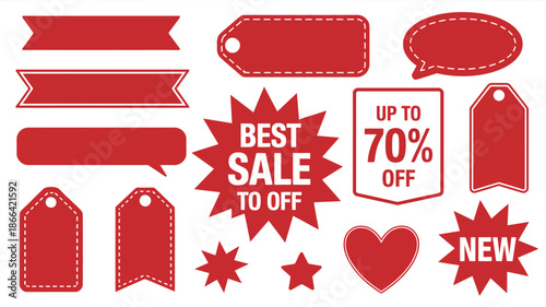 Red sale and discount stickers, tags, and banners on white background, perfect for promotional graphics, retail marketing, seasonal sales, e-commerce advertisements, product highlights, online store