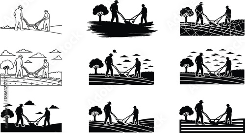 Traditional farmers plowing field silhouette, teamwork in agriculture scene, black vector art, rural labor illustration, cultural farming concept