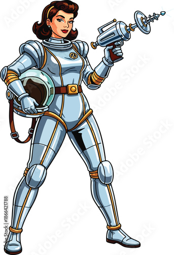Retro Sci-Fi Female Astronaut with Ray Gun