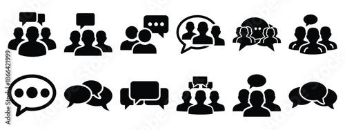 Minimalist black silhouette of a group chat vector icon set.