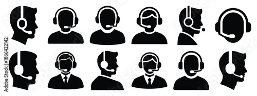 Minimalist black silhouette of a headset call vector icon set.