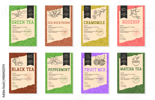 Tea Labels and Branding Template Set with Logos, Icons, Stamps and Patterns in Retro Style