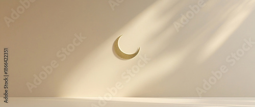 Shab-e-Meraj spiritual background with golden crescent moon and mosque silhouette, panoramic Islamic banner for Ramadan Kareem, Eid Mubarak and religious celebration events.