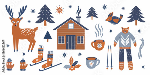 Charming winter scene featuring deer fox cabin and cozy seasonal elements
