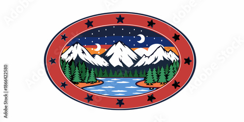 Circular emblem depicting a mountainous landscape with forest and lake scene