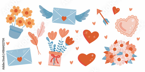 A collection of love themed illustrations including flowers letters and hearts