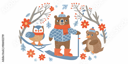 Winter scene with a bear family an owl and floral wreath elements