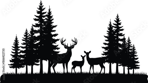 Black silhouette of deer family in pine forest, buck with antlers and doe with fawn, evergreen trees nature wilderness scene.