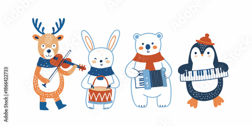 A charming illustration of arctic animals playing musical instruments together