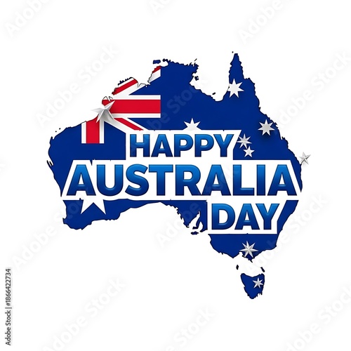 Happy australia day with australian flag on map of australia isolated on white background