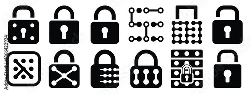 Minimalist black silhouette of a lock pattern vector icon set.