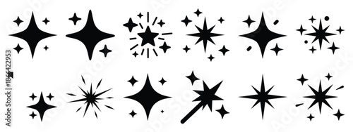 Minimalist black silhouette of a magic sparkle vector icon set.
