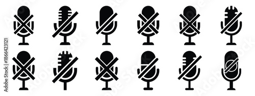 Minimalist black silhouette of a microphone mute vector icon set.