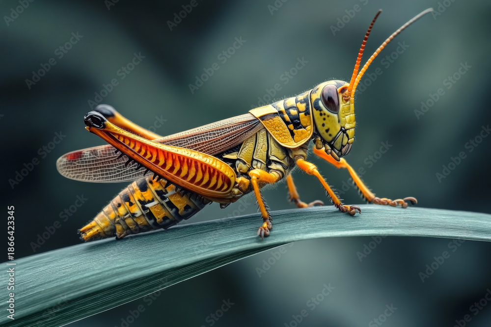 Fototapeta premium Detailed Grasshopper Resting on a Green Grass Blade