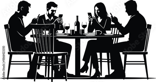 Black silhouette of people at restaurant table using mobile phones, four friends distracted by smartphones during dinner, minimalist social media addiction.