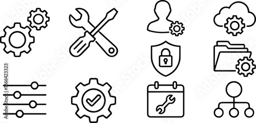 PrintSetup and setting line icon set with gears wrench tools and interface symbols, black vector collection for web and mobile